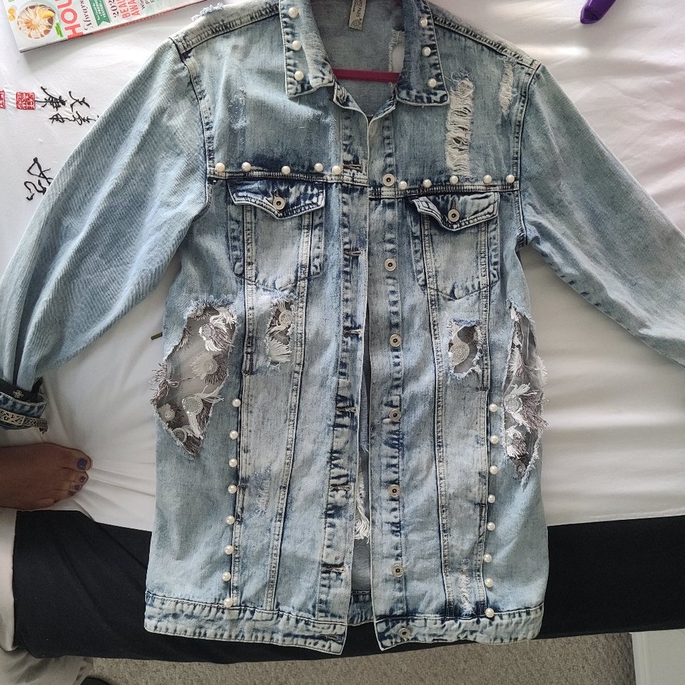 Pearled Distressed Denim Jacket